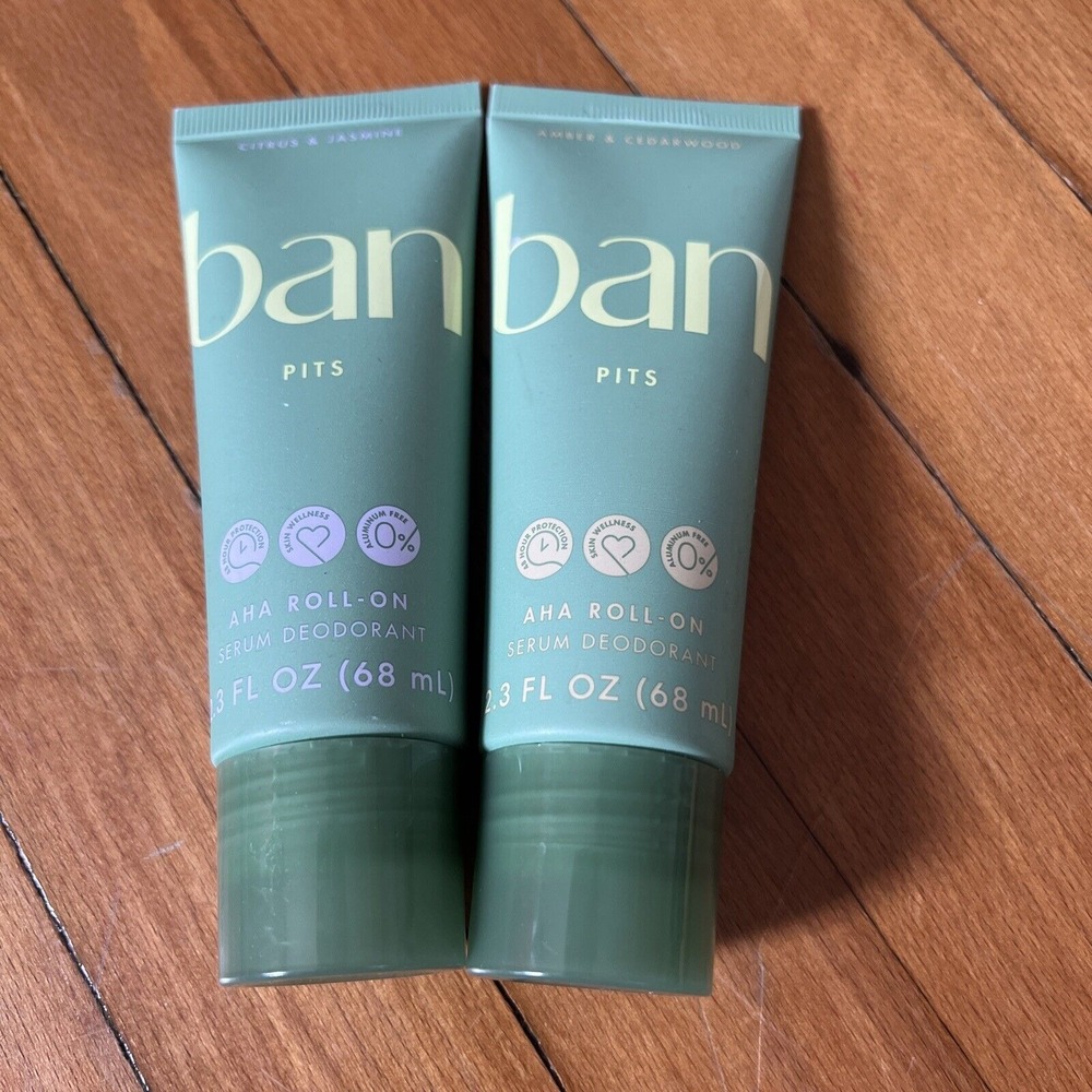 Lot of 2 Ban Pits Serum Deodorant, AHA Roll-on, 1x Citrus, 1x Amber -2.3 oz each